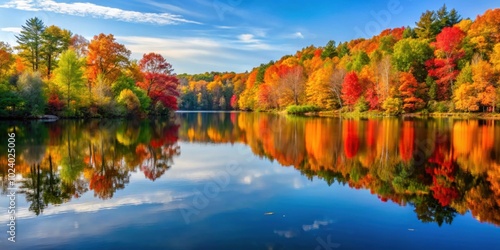 Tranquil autumn lake reflecting colorful foliage, Autumn, lake, reflection, foliage, tranquil, serene, peaceful, fall, trees photo