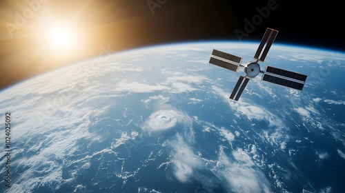 Fototapeta Naklejka Na Ścianę i Meble -  Panoramic view of a futuristic orbital space station with advanced technologies modules and communications systems against the backdrop of the Earth s atmosphere and skyline