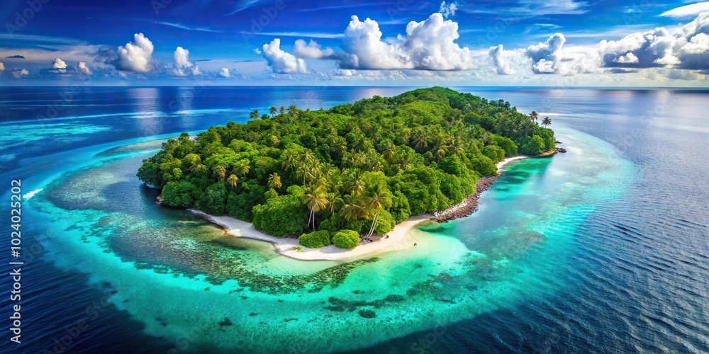 Fototapeta premium High angle view of tropical island with lush trees and wildlife