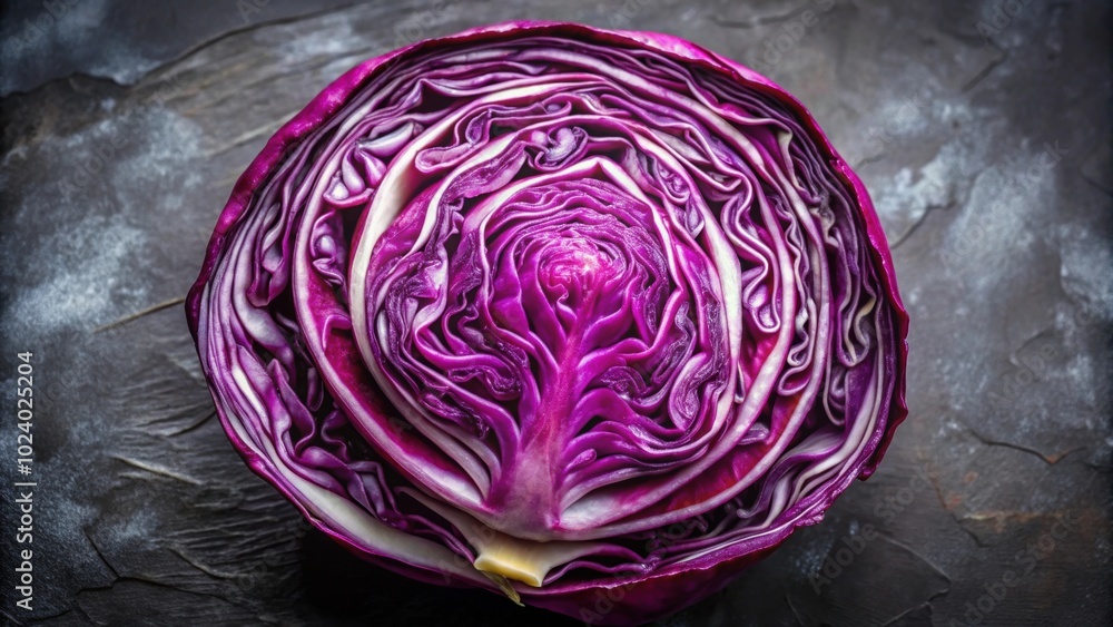 Obraz premium Close up top view of raw purple cabbage, texture, background, blue cabbage, cut, close up, top view, fresh, raw, healthy