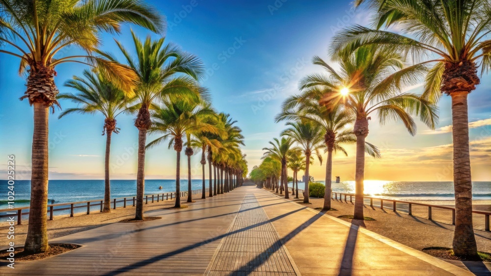 Sunny palm lined promenade by the sea, perfect for a relaxing stroll or enjoying the beachside view, Sunny, palm trees Sunny palm lined promenade by the sea, perfect for a relaxing stroll or enjoying the beachside view, Sunny, palm trees