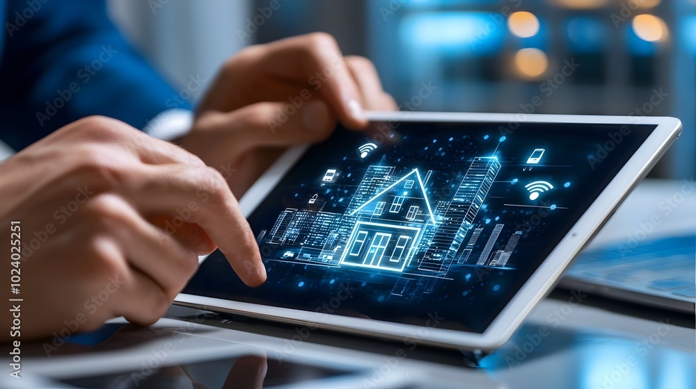 A person using a digital tablet to monitor and control a smart home security and automation system showcasing the convenience and connectivity of modern home technology