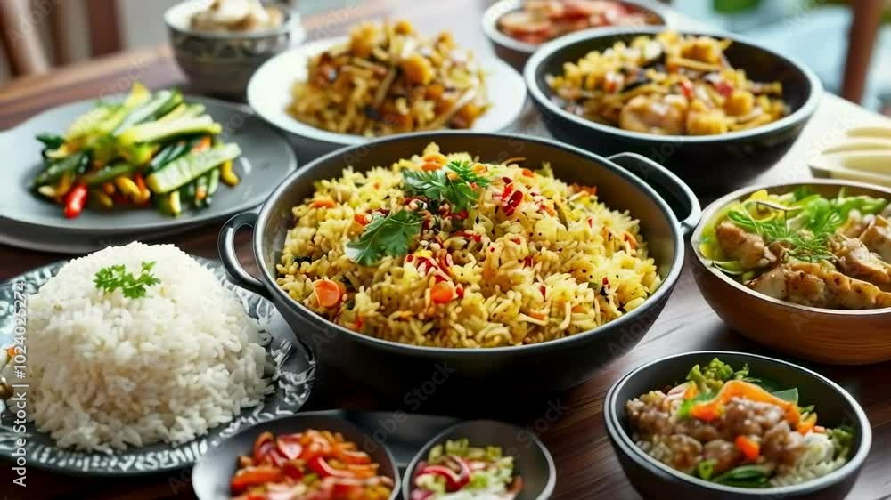 Mixed Rice with Various Side Dishes on the Dining Table Mixed Rice with Various Side Dishes on the Dining Table