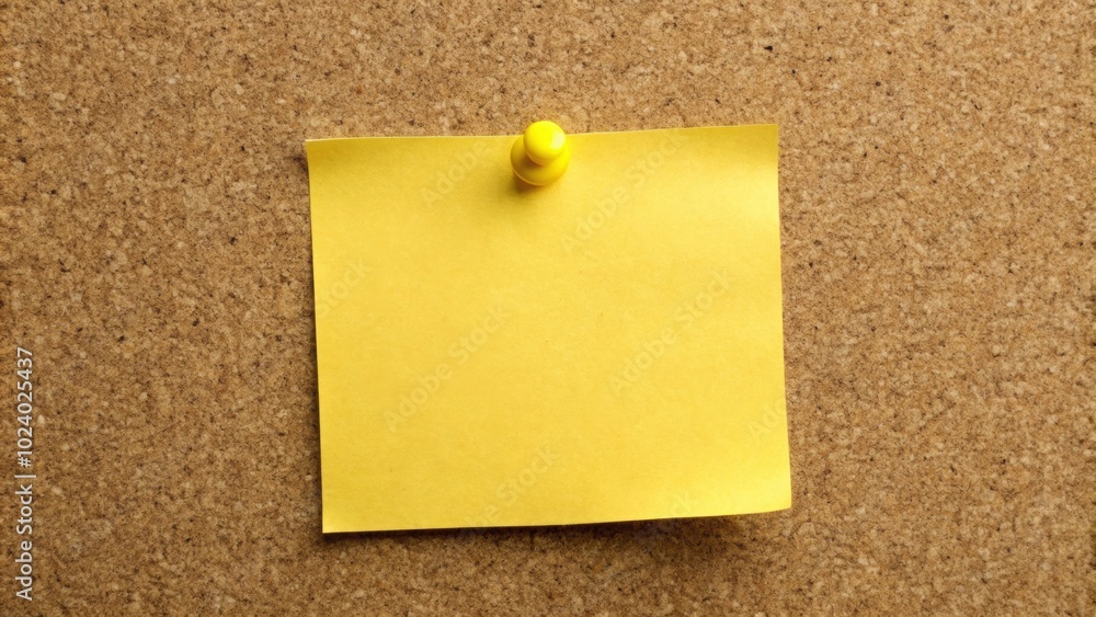 Notice board with yellow sticky note and push pin, message, reminder, office, communication, organization, stationery, memo Notice board with yellow sticky note and push pin, message, reminder, office, communication, organization, stationery, memo