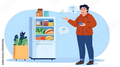 A person standing in a sleek high tech kitchen interacting with a voice assistant to place a grocery order from a connected smart fridge