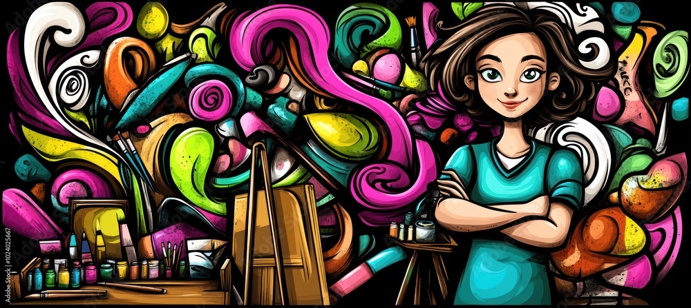 A colorful artistic scene featuring a girl with paint and easels in a vibrant background. A colorful artistic scene featuring a girl with paint and easels in a vibrant background.