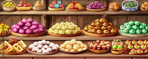 A vibrant display of various colorful sweets and desserts arranged beautifully on wooden shelves, tempting every sweet lover.