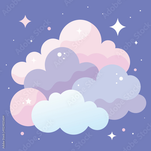 Pastel Clouds and Sparkling Stars in a Dreamy Night Sky, vector illustration solid background.