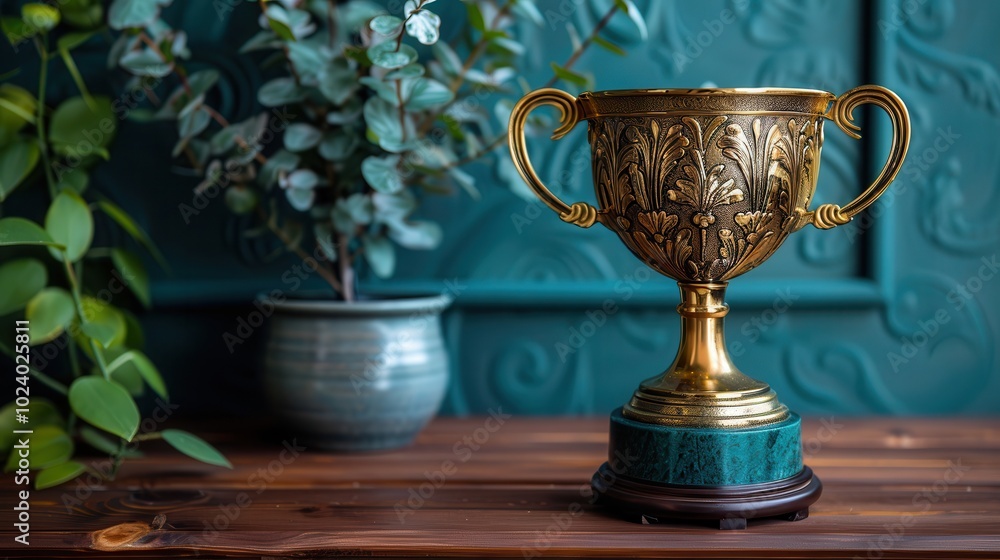 Elegant Gold Trophy on Rustic Wooden Table Elegant Gold Trophy on Rustic Wooden Table
