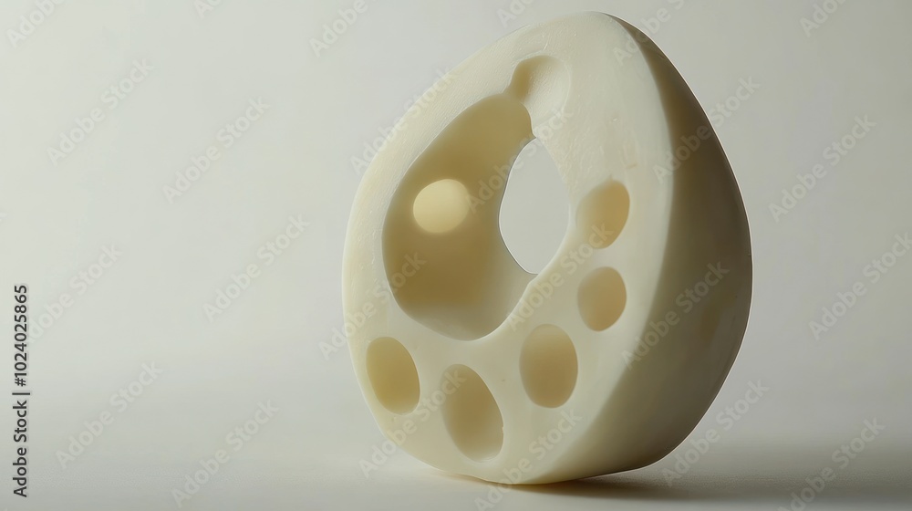 A sculptural piece resembling cheese, featuring various holes and a smooth surface. A sculptural piece resembling cheese, featuring various holes and a smooth surface.