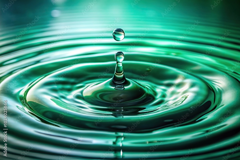 High angle view of water drop falling into green water High angle view of water drop falling into green water