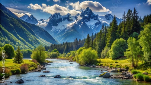 Mountain landscape with a tranquil river flowing through, surrounded by lush greenery and distant snow-capped peaks