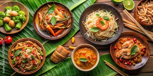 Traditional Thai cuisine with a colorful spread of dishes including papaya salad, tom yum goong