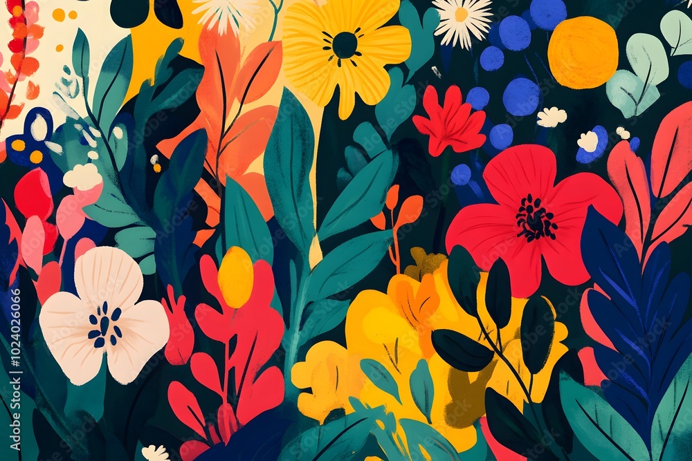 Vibrant Abstract Floral Illustration with Yellow, Red, and White Flowers Vibrant Abstract Floral Illustration with Yellow, Red, and White Flowers