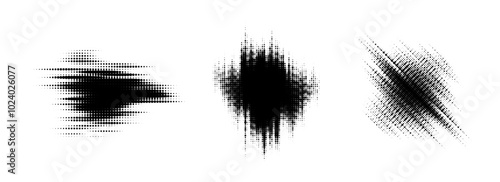 Glitch halftone element set. Dotted textured geometric form collection. Grunge blurry abstract comic pop art shapes for banner, poster, collage, overlay, label, tag. Distressed distorted vector pack