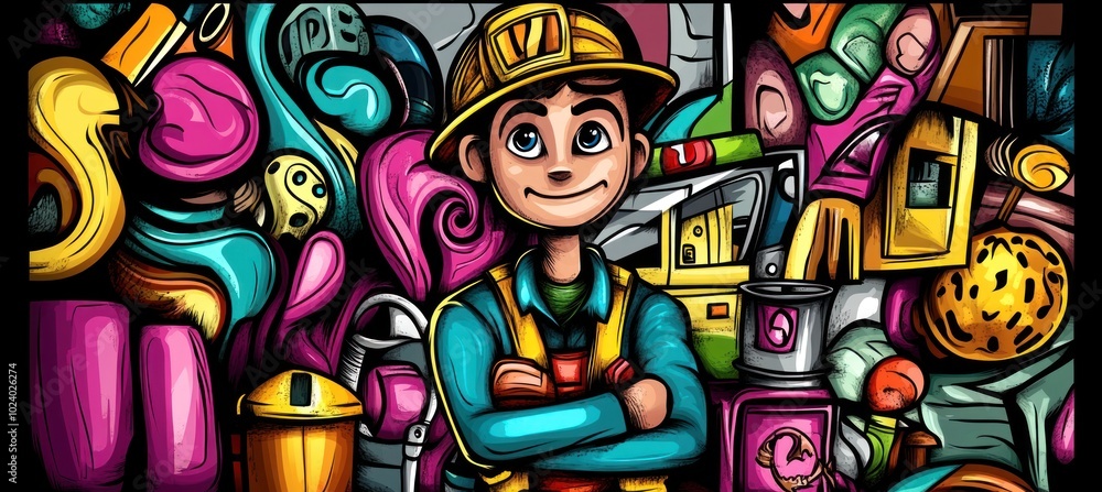 Obraz premium A cheerful worker stands amidst colorful, abstract shapes and construction materials.