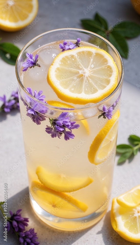 Refreshingly sweet lemonade with lemon slices and lavender flowers, bright close-up in a vibrant setting Refreshingly sweet lemonade with lemon slices and lavender flowers, bright close-up in a vibrant setting