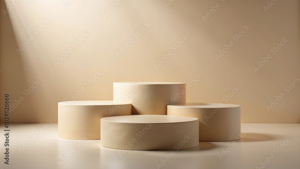 Minimalist podium with 3 stands for packaging landscape beige presentation and cosmetic product display or showcase Minimalist podium with 3 stands for packaging landscape beige presentation and cosmetic product display or showcase