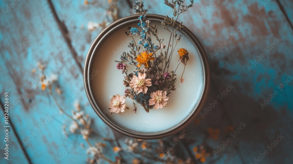 A candle with dried flowers, set on a rustic blue wooden surface. A candle with dried flowers, set on a rustic blue wooden surface.