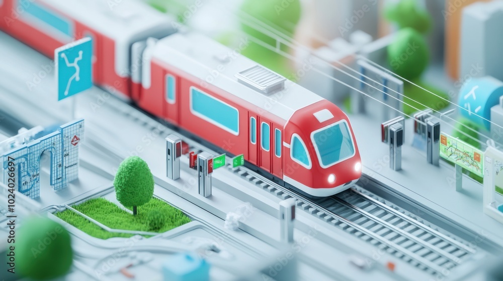 A miniature train model on tracks surrounded by urban elements and greenery. A miniature train model on tracks surrounded by urban elements and greenery.