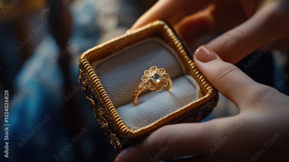 A close-up of a gold ring in a decorative box, symbolizing love or commitment. A close-up of a gold ring in a decorative box, symbolizing love or commitment.