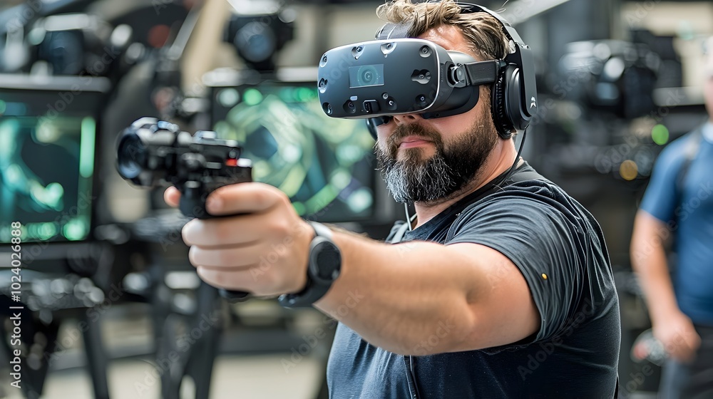 A virtual reality gamer deeply immersed in a cutting edge futuristic gaming setup featuring advanced technology like headset controllers and display screens for an immersive entertainment experience A virtual reality gamer deeply immersed in a cutting edge futuristic gaming setup featuring advanced technology like headset controllers and display screens for an immersive entertainment experience