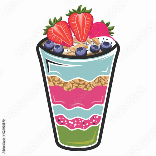 A colorful illustration of a layered parfait with strawberries, blueberries, granola, and yogurt. This delicious dessert is perfect for a healthy and satisfying snack.