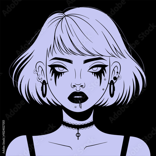 A black and white illustration of a woman with a short bob haircut, dark eyeliner and lipstick, and multiple piercings, creating a stylish and edgy aesthetic.