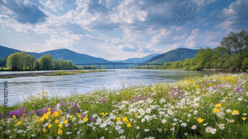 A serene river landscape adorned with colorful wildflowers and mountains in the background.