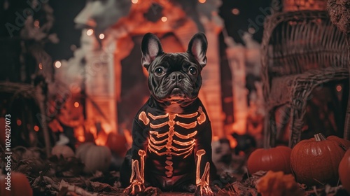 A Halloween-themed French Bulldog with a glowing skeleton design amidst autumn decorations.