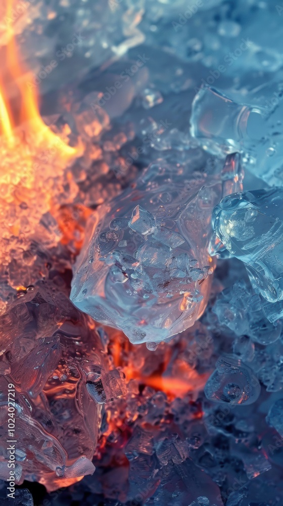 Ice and Fire Collision, vibrant hues clash as icy shards meet flickering flames, creating a mesmerizing dance of elements. Ice and Fire Collision, vibrant hues clash as icy shards meet flickering flames, creating a mesmerizing dance of elements.