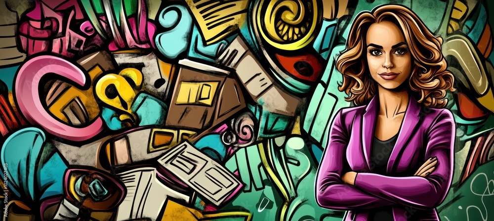 A stylized illustration featuring a confident woman amidst colorful abstract shapes and objects. A stylized illustration featuring a confident woman amidst colorful abstract shapes and objects.