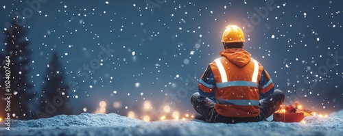 Festive Worker in a Snowy Construction Site - 3D Illustration of Holiday Decorations in Winter Setting