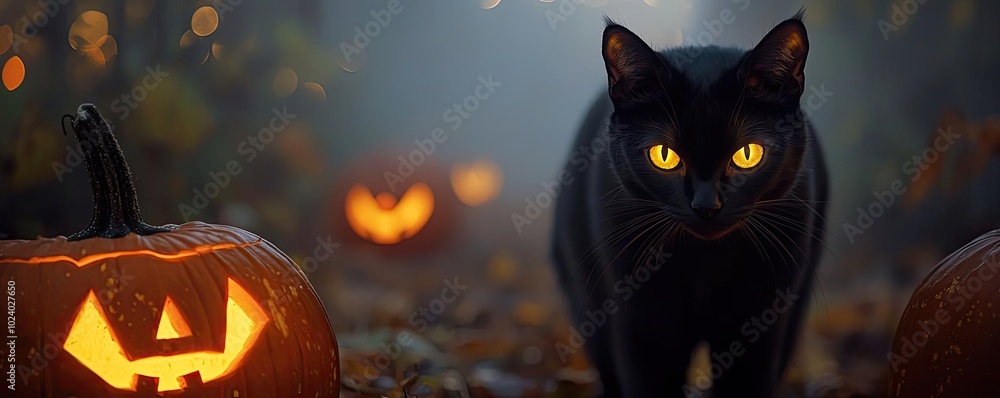 A mystical black cat with glowing eyes stands among carved pumpkins, creating an enchanting Halloween atmosphere. A mystical black cat with glowing eyes stands among carved pumpkins, creating an enchanting Halloween atmosphere.