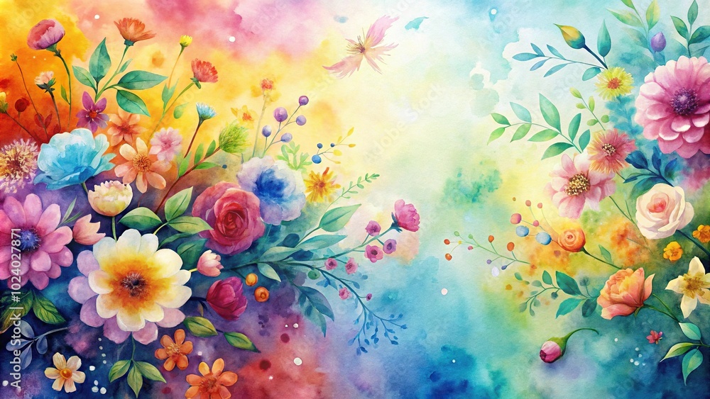 Obraz premium High angle watercolor flowers painting wallpaper with colorful gradients
