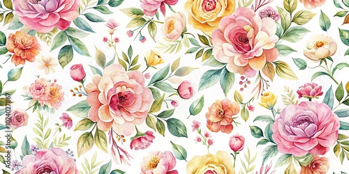 High angle watercolor flower pattern on white background