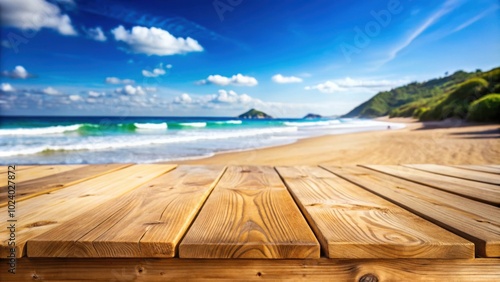 Long wooden table with beach landscape background blur, wood, table, beach, landscape, background, blur, vacation, relaxation, tropical