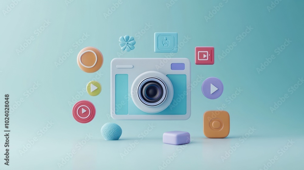 A stylized camera surrounded by colorful icons representing media and photography. A stylized camera surrounded by colorful icons representing media and photography.