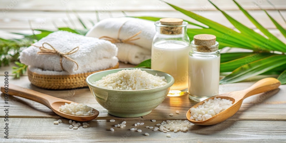 Homemade beauty kit with rice water and natural ingredients on beige background, skincare preparation for home spa Homemade beauty kit with rice water and natural ingredients on beige background, skincare preparation for home spa