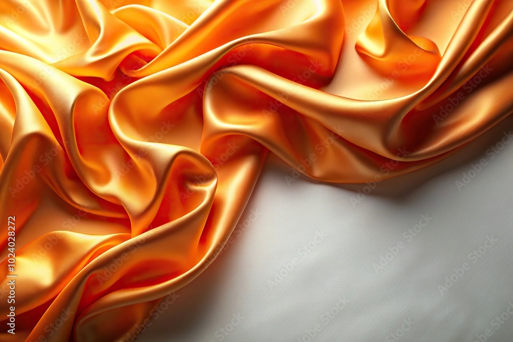 High angle white orange wavy satin glass background with neon lighting highlights an orange silk fabric blowing in the wind folds High angle white orange wavy satin glass background with neon lighting highlights an orange silk fabric blowing in the wind folds