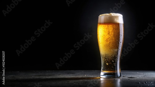 Glass of cold beer with water drops on black background, craft beer, cold, refreshing, alcohol, beverage, drink, isolated, foam