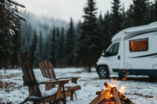 Misty Winter Camp with Rugged Camper in Snowy Landscape