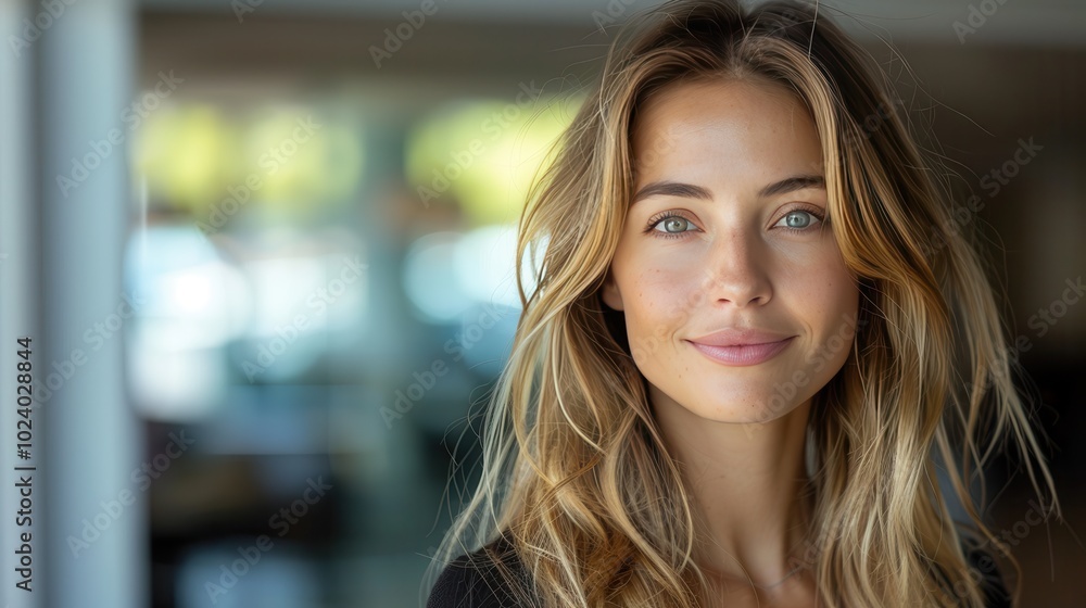 Natural Smiling Woman in Bright Indoor Setting Natural Smiling Woman in Bright Indoor Setting