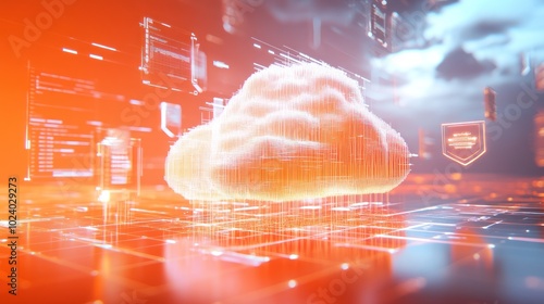 A digital cloud representation with data streams, symbolizing cloud technology and storage.