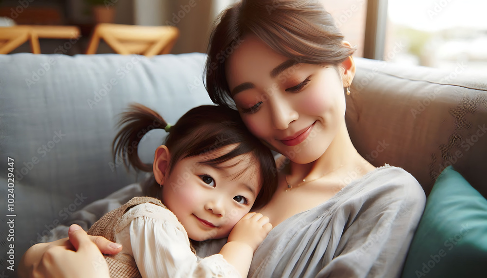A loving mother smiles while cuddling her child in a cozy home, capturing the joy of family and motherhood A loving mother smiles while cuddling her child in a cozy home, capturing the joy of family and motherhood