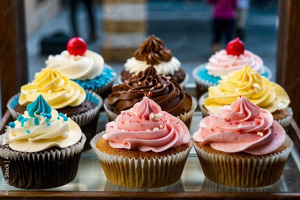 Cupcakes on display in a bakery window Cupcakes on display in a bakery window
