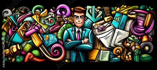 A colorful illustration featuring a confident individual surrounded by various objects and clutter.