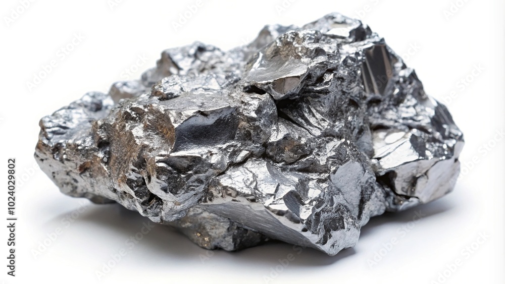 High quality image of panoramic platinum or silver or rare mineral from mine on white background