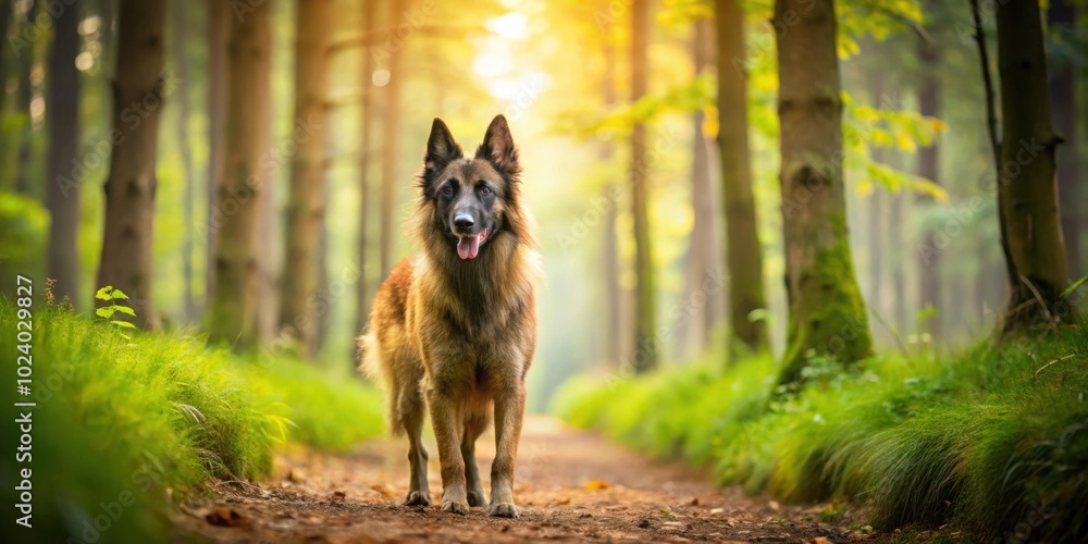 Fototapeta premium Cute Belgian Shepherd dog walking in a lush forest setting, Belgian Shepherd, dog, forest, nature, pet, adorable, cute, walking
