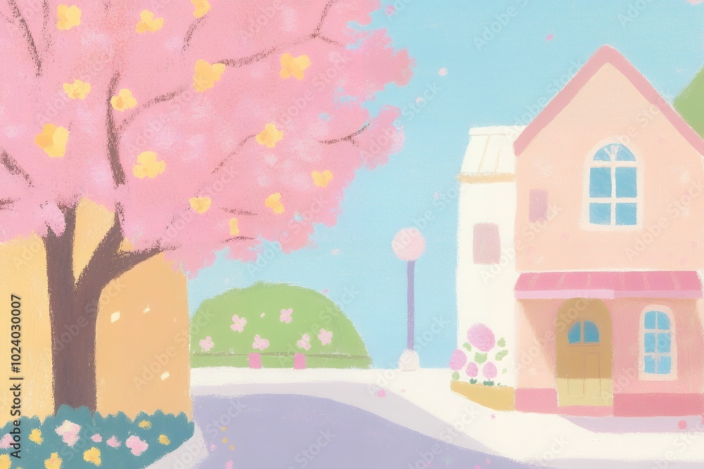 Cherry blossom tree near colorful houses on a sunny day. Pastel illustration style. Springtime season and peaceful neighborhood concept. Design for wallpaper, greeting card, postcard, and print. Cherry blossom tree near colorful houses on a sunny day. Pastel illustration style. Springtime season and peaceful neighborhood concept. Design for wallpaper, greeting card, postcard, and print.